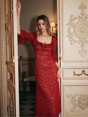 American Heiress Red Lace Ruffle Midi Dress XS Romantic Cottagecore